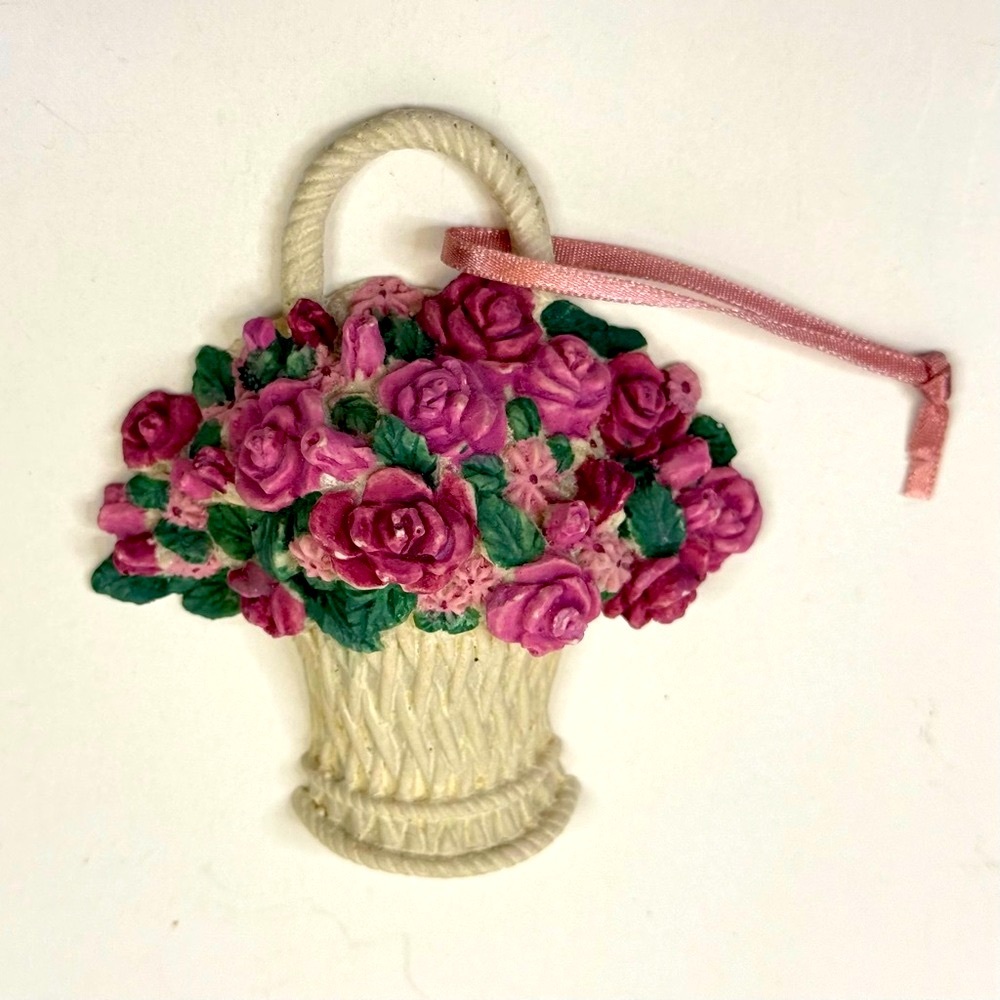 Elegant White Basket Ornament with Pink Roses and Green Leaves